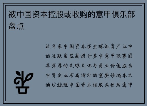 被中国资本控股或收购的意甲俱乐部盘点